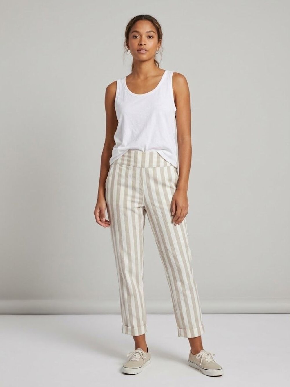 New York & Company Striped Linen-Blend Cropped Pants Beige & White Womens M